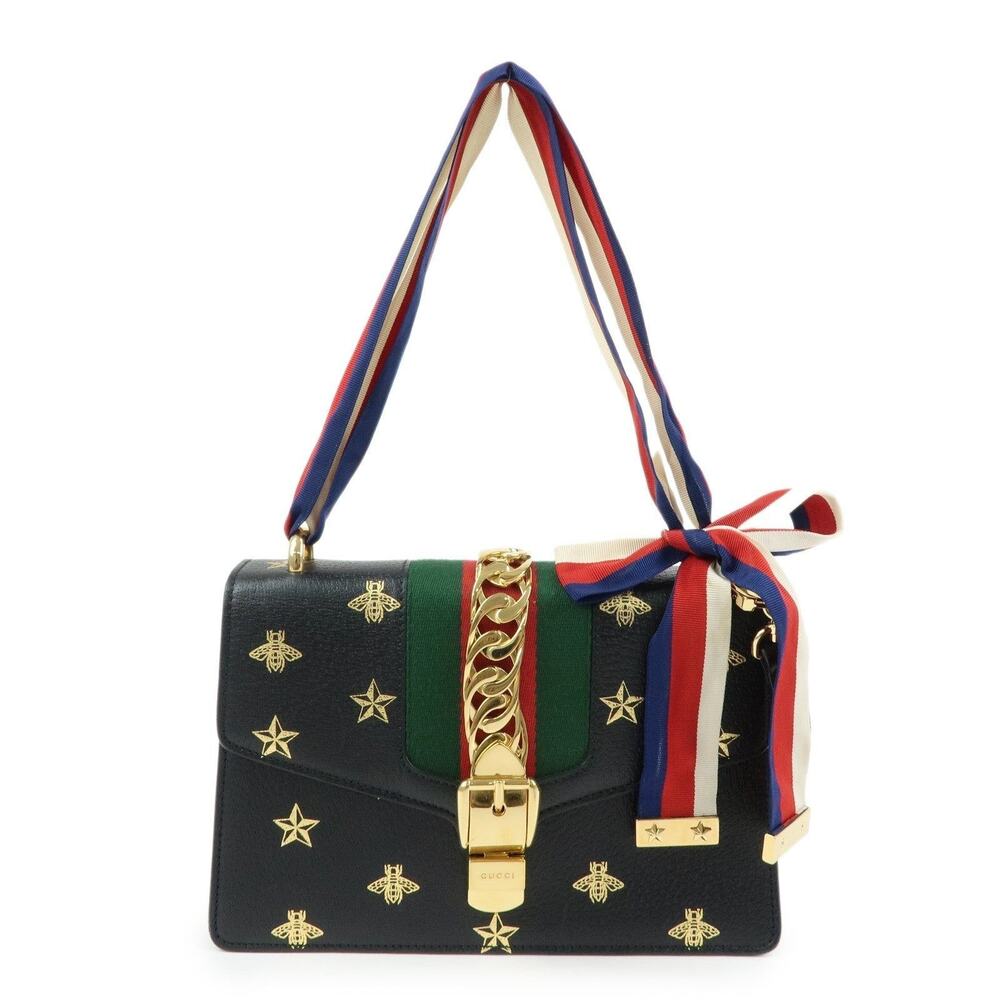 Gucci Sylvie Bee & Star Leather Flap Bag Black